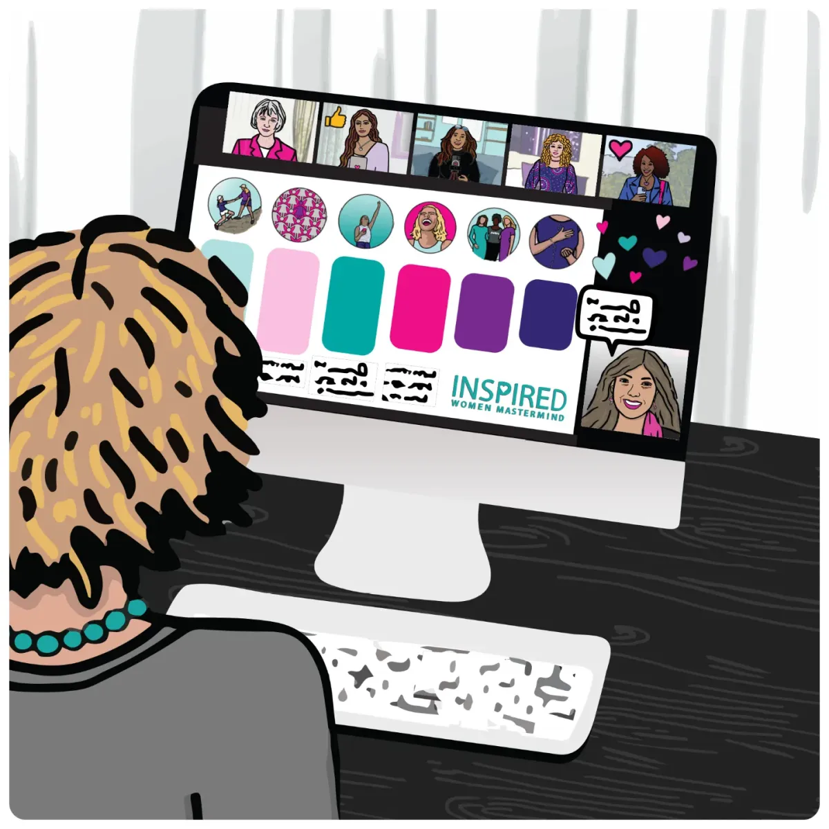Illustration of a woman with short blonde hair attending a virtual masterclass on a computer screen with multiple participants.