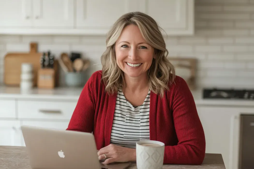 Professional woman with blonde hair, wearing a red cardigan and striped shirt, sits at a kitchen table working on a silver laptop with a coffee mug beside her. Modern kitchen background with cutting boards and utensils. Ideal image for done-for-you marketing automation services, emphasizing nurse business owners feel more relaxed doing their work, because the tech is taken care of.