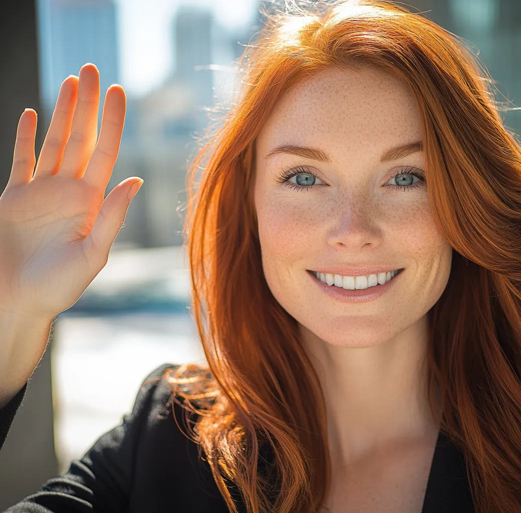 Confident businesswoman with long red hair wearing a black blazer stands outdoors in sunlight, raising a hand to wave. Downtown city buildings are blurred in the background. Perfect image for marketing automation services, showcasing professionalism, friendliness, and approachable tech support for done-for-you marketing automation.