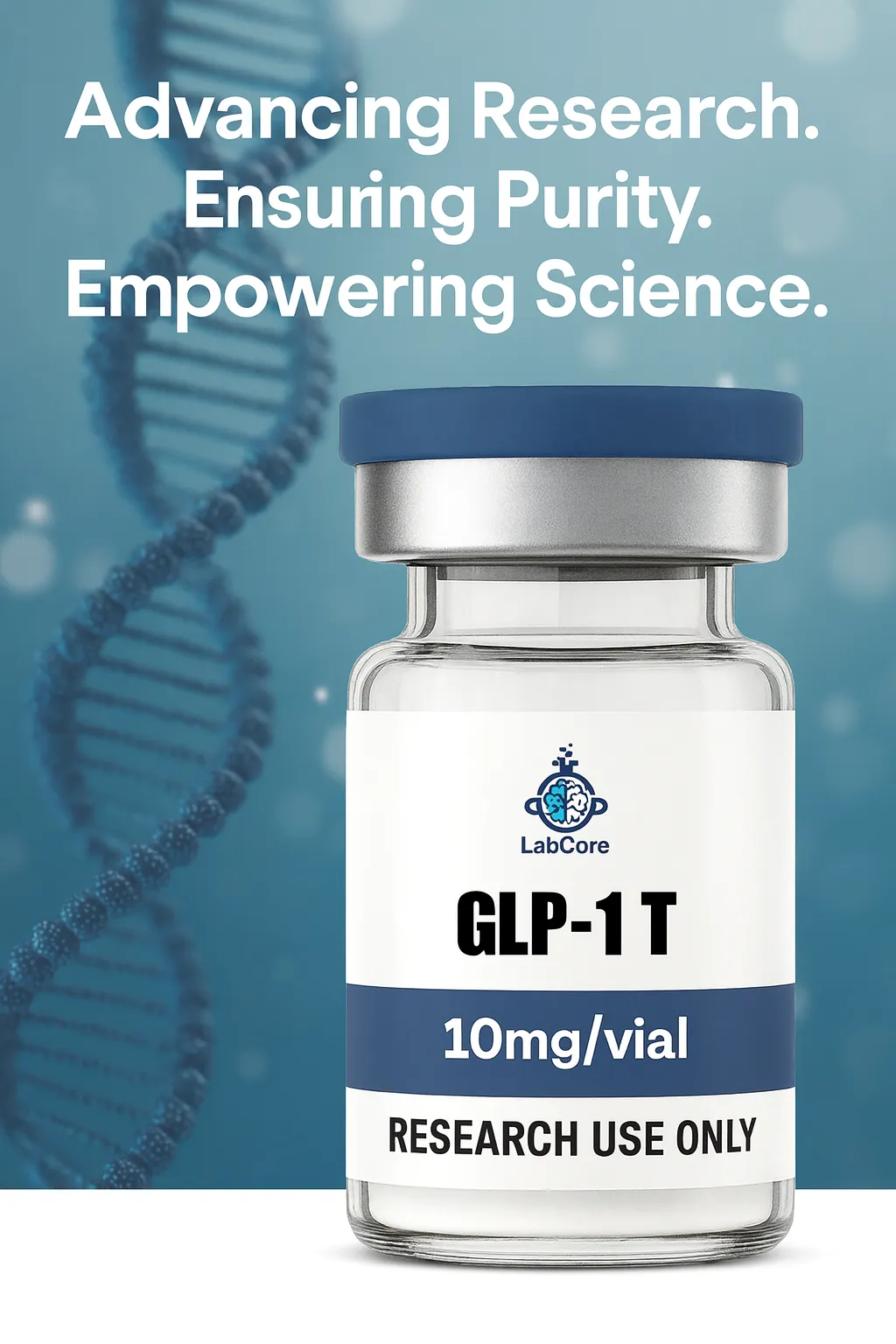 Gloved scientist handling a peptide vial near analytical testing equipment in GMP laboratory.