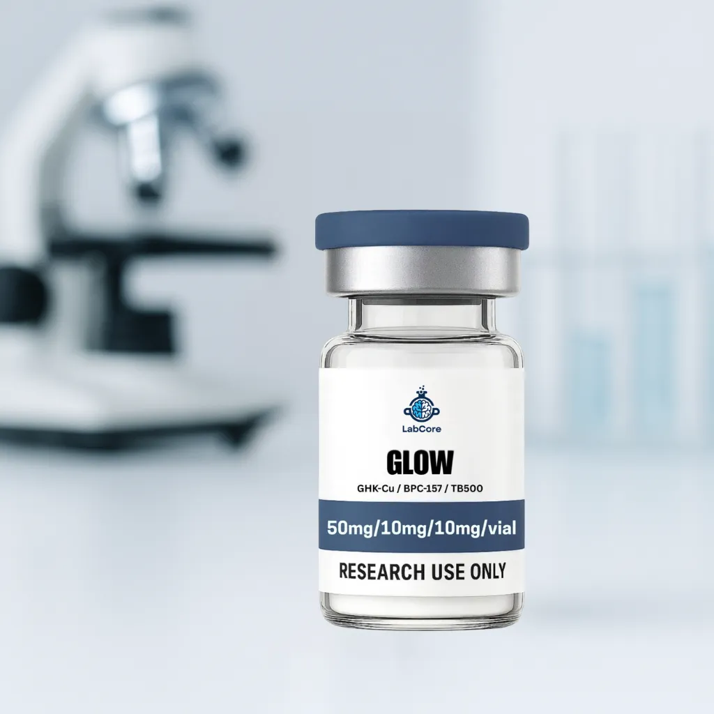 LabCore Peptides high-purity research vial with navy cap on white background.
