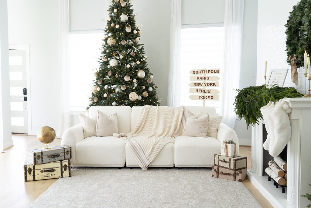 Seasonal decor mood board featuring a Christmas tree