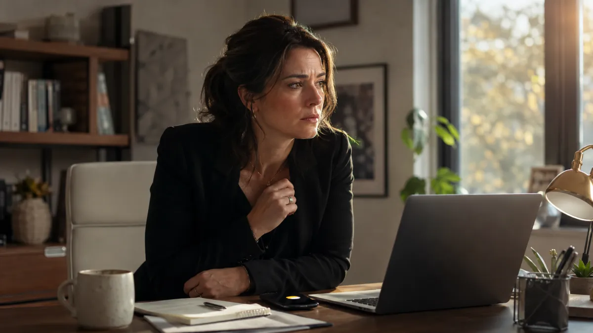 Professional woman in a home office showing the early signs of anxiety during a workday, illustrating the subtle buildup of stress, tension, and emotional overwhelm before an anxiety spike.