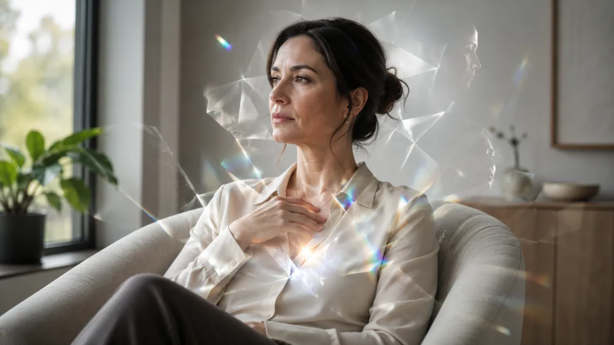 A calm woman sits in a softly lit room, her hand resting near her chest, surrounded by subtle diamond-like light reflections that suggest inner emotional facets, clarity, and transformation.