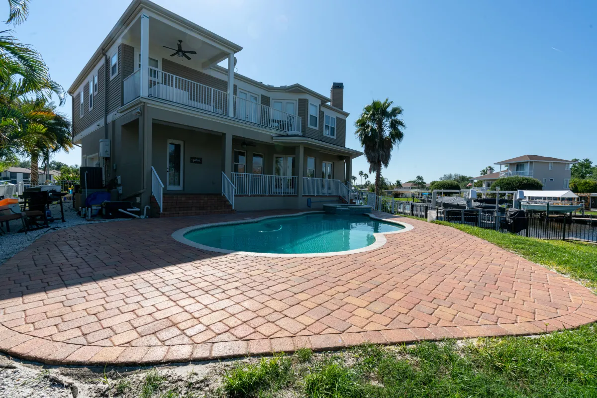 Resurfaced pool deck with bench