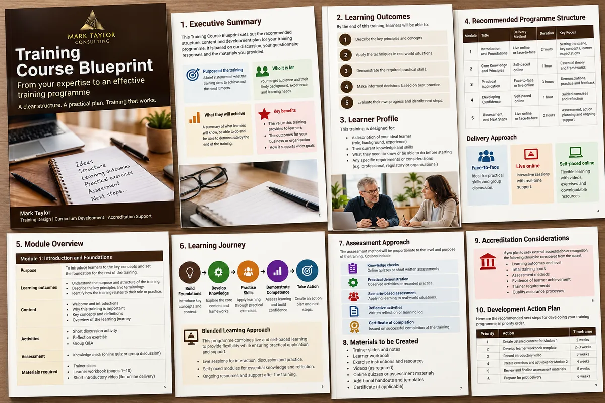 Mockup of several printed document pages scattered on a wood-grain table surface, showing the contents of a Training Course Blueprint