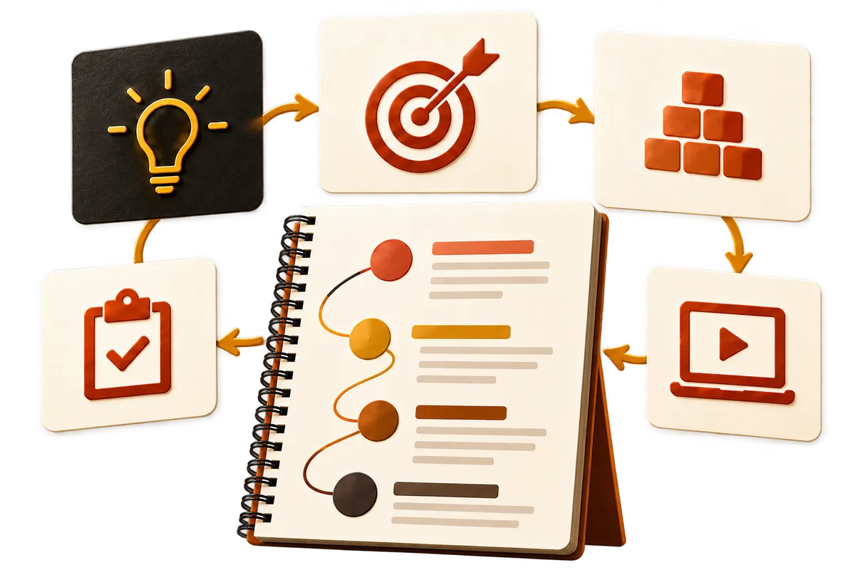 3D isometric illustration of a training course blueprint concept. A spiral notebook stands upright showing a timeline with colored nodes. Around it, connected by curved orange arrows, are square tiles bearing icons: a glowing lightbulb on a dark tile, a red target, stacked orange blocks, a laptop playing video, and a clipboard with a checkmark.