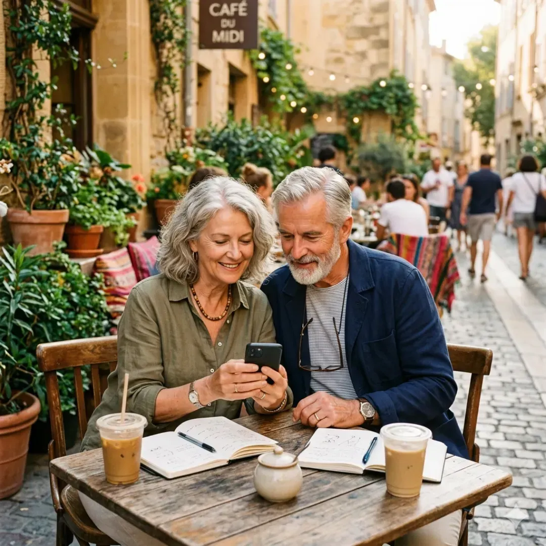 Old couple checking phone