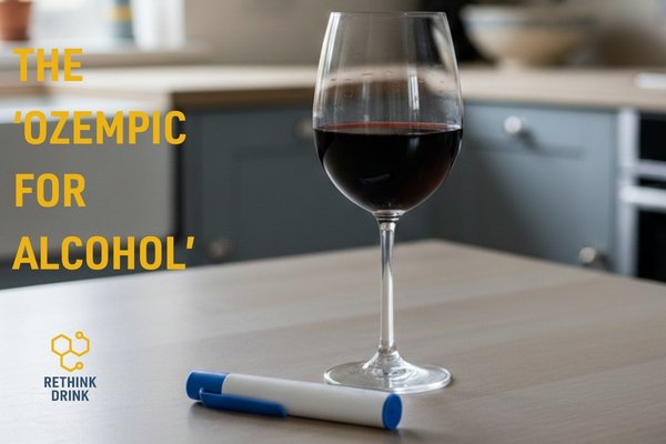 Picture of a glass of wine next to a glp-1 syringe