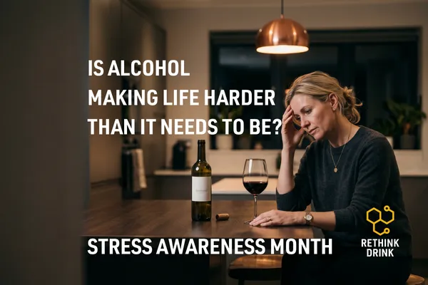 Lady sitting at kitchen table late at night with untouched glass of wine, looking stressed and deep in thought, illustrating how alcohol can increase stress and mental load for grey-area drinkers