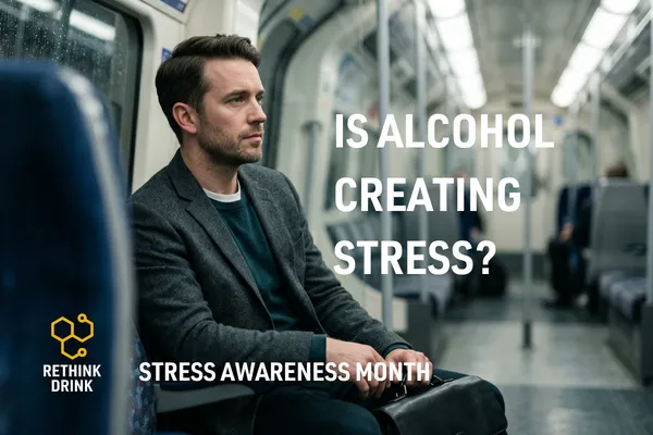 Man sitting alone on London Underground train looking tired and deep in thought, representing stress and the hidden impact of alcohol on daily life