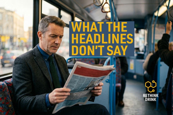UK man on bus commute reading newspaper about cheap pill to stop drinking