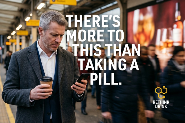 UK man on train platform reading phone about naltrexone for alcohol with thoughtful expression