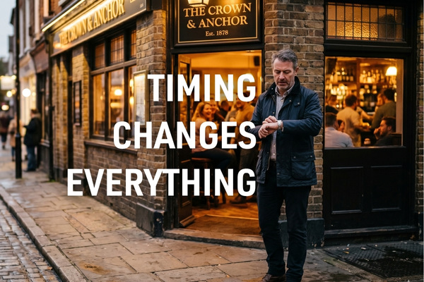 man outside pub checking timing on watch before drinking reflecting on naltrexone timing
