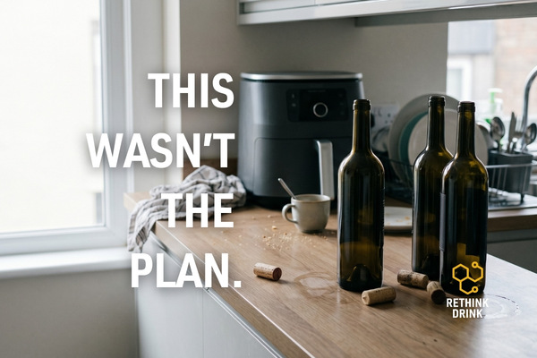 empty wine bottles and corks left on kitchen counter in the morning showing repeated drinking pattern
