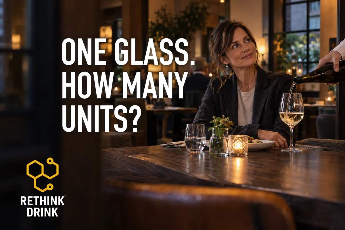 A woman looking up at a waiter as wine is poured, beside the words ONE GLASS. HOW MANY UNITS?