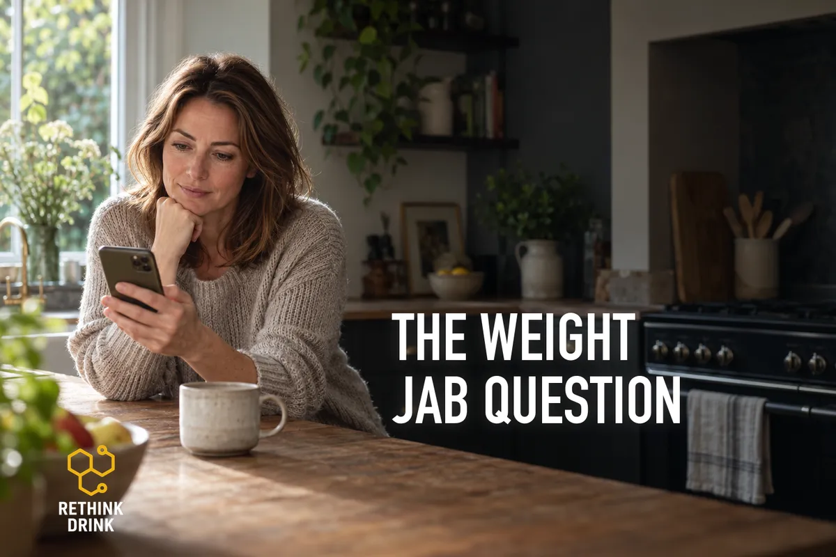A woman in her kitchen reading on her phone about weight-loss jabs and alcohol