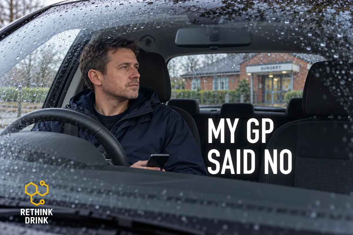A thoughtful man holding his phone in a parked right-hand-drive car outside a British GP surgery in the rain, with the words MY GP SAID NO