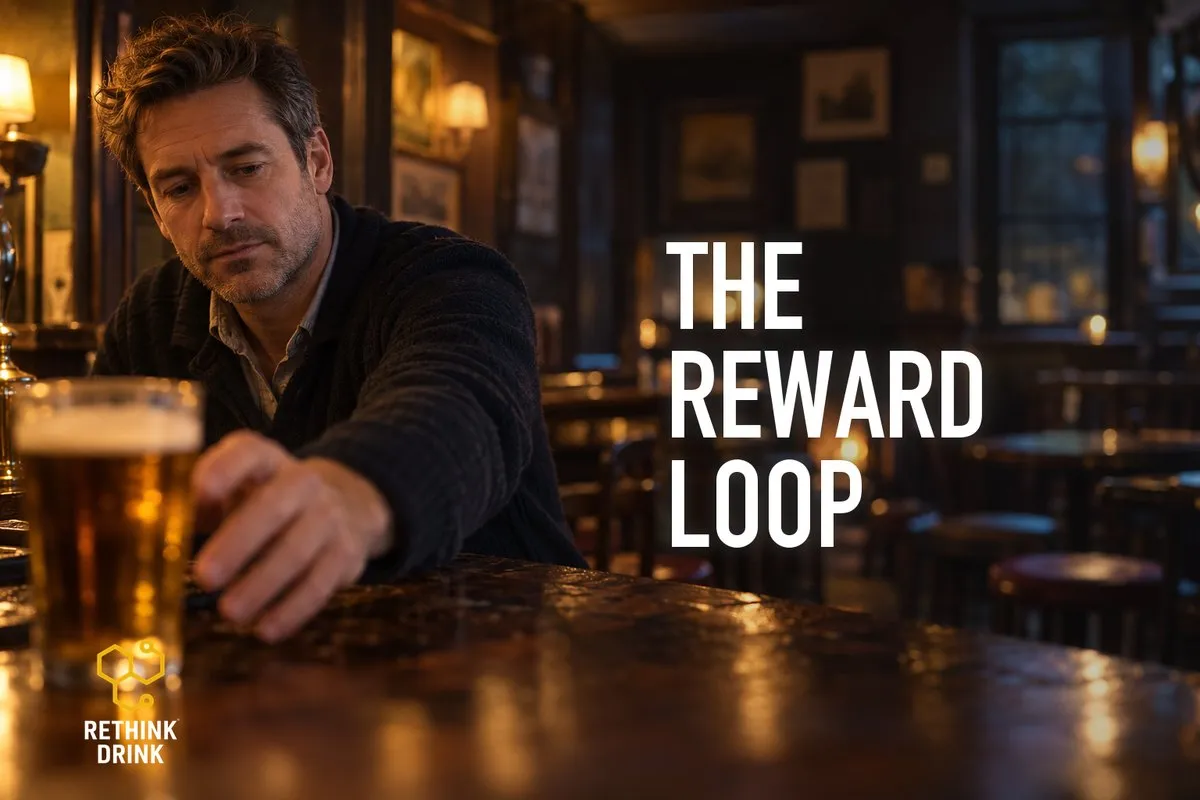 A man in a pub reaching for a pint, for the reward loop: how alcohol releases endorphins in the brain