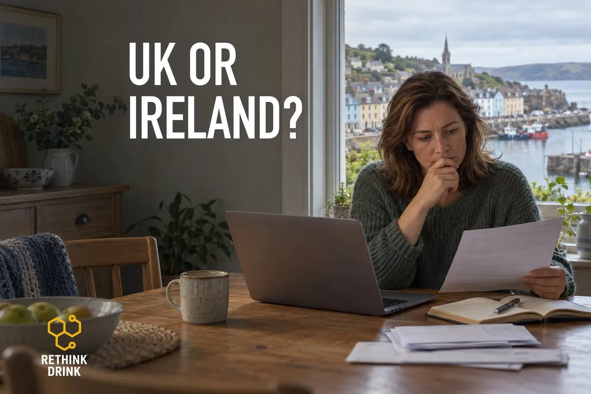 A woman at a table by a harbour window reading papers on her laptop, checking whether naltrexone is available in the UK or Ireland