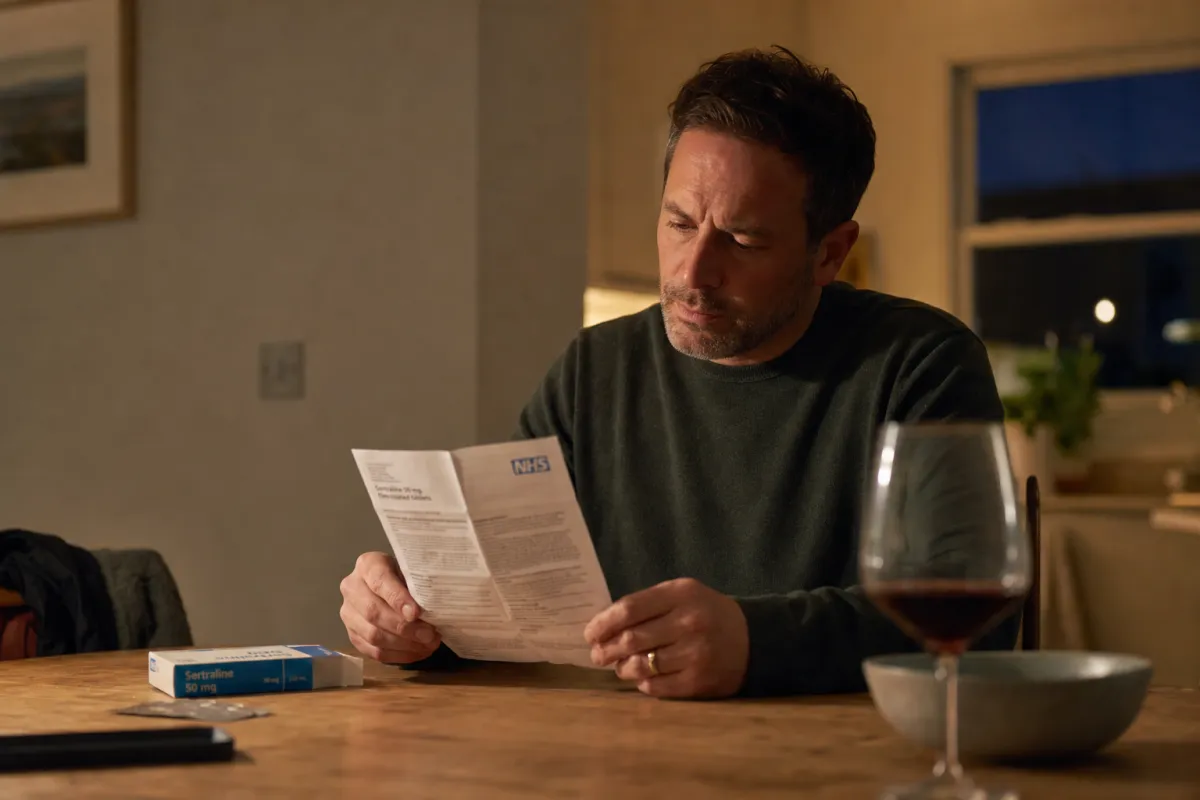 A man sits at a kitchen table reading an NHS sertraline leaflet, with a box of sertraline medication on the table and a glass of red wine nearby.