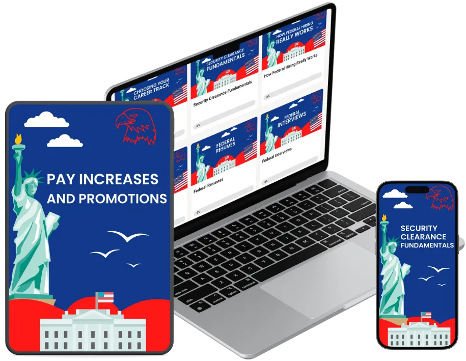 Laptop, smartphone, and iPad mockup displaying GovCareer Secrets training modules and the Pay Increases and Promotions guide.