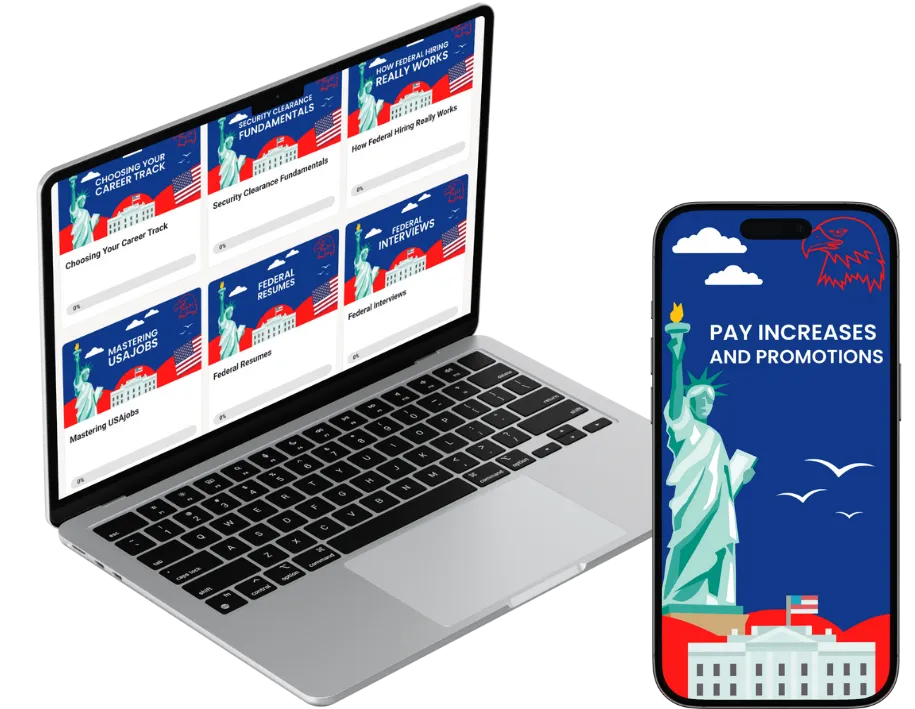 Laptop and smartphone mockup displaying GovCareer Secrets training modules and the Pay Increases and Promotions guide.
