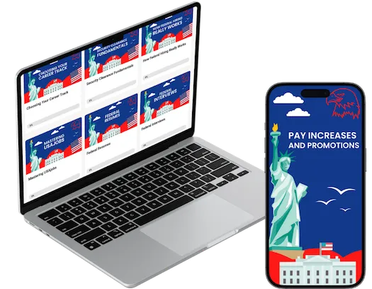 Laptop and smartphone mockup displaying GovCareer Secrets training modules and the Pay Increases and Promotions guide.