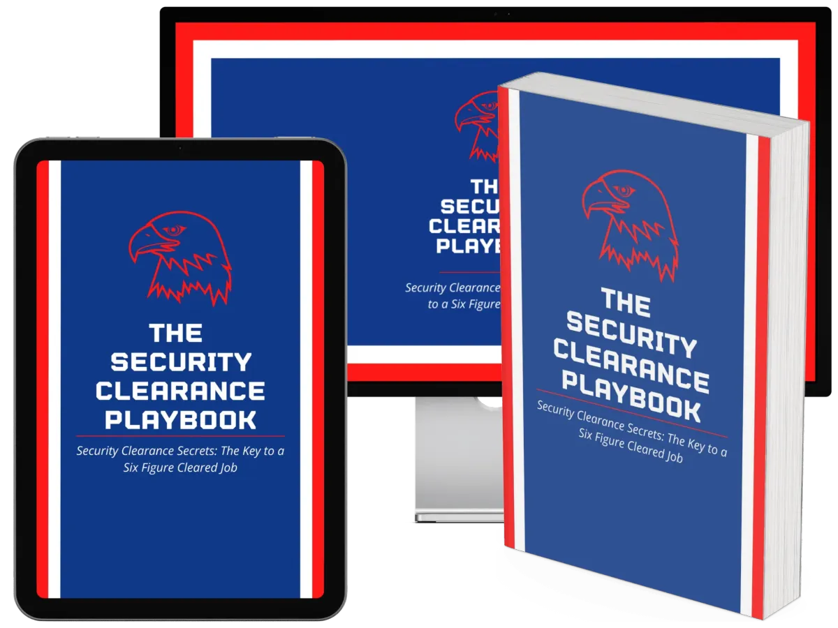 Mockup of the Security Clearance Playbook shown as a tablet, desktop display, and book cover.