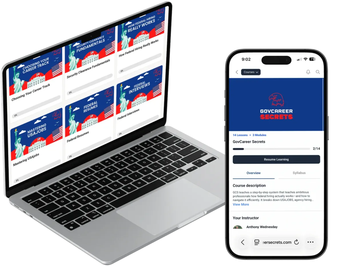 Laptop and smartphone mockup displaying GovCareer Secrets training modules and the Pay Increases and Promotions guide.
