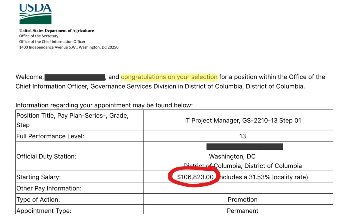 Federal job offer letter for IT Project Manager GS-2210-13 Step 1 with $106,823 salary at United States Department of Agriculture (USDA)