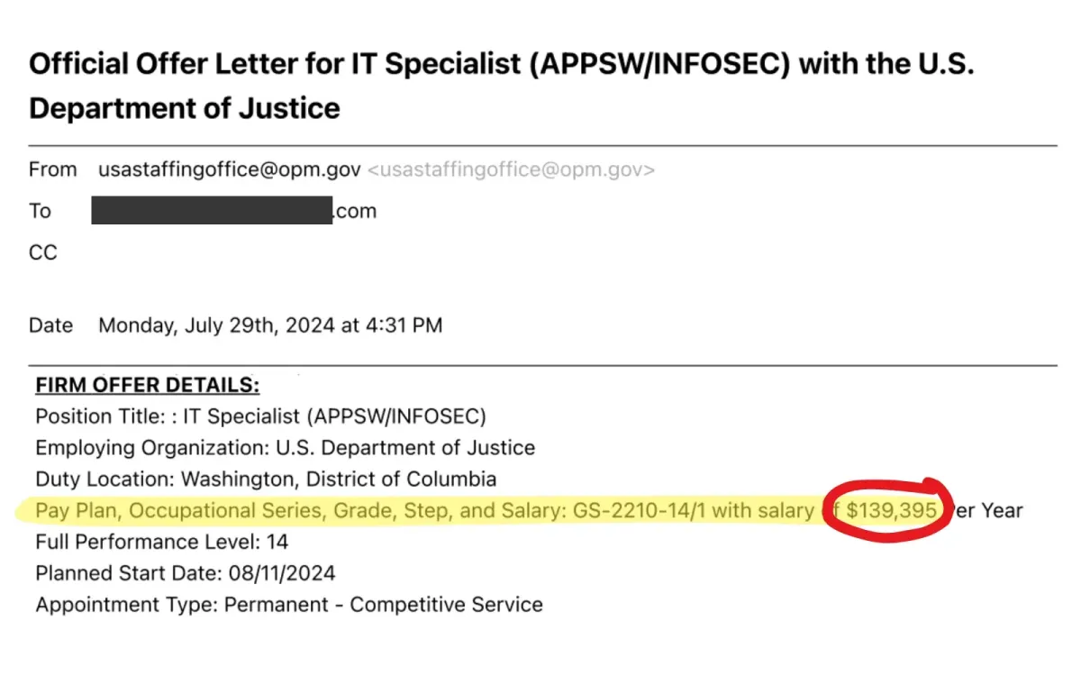 GS-14 IT Specialist offer letter from U.S. Department of Justice showing $139,395 federal salary
