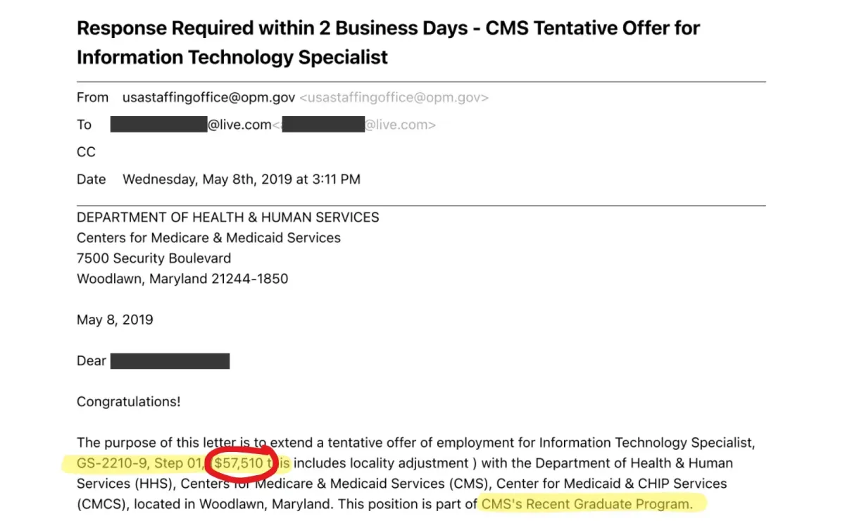 Tentative federal job offer email for IT Specialist GS-2210-9 Step 1 with salary $57,510 at Centers for Medicare & Medicaid Services (CMS)