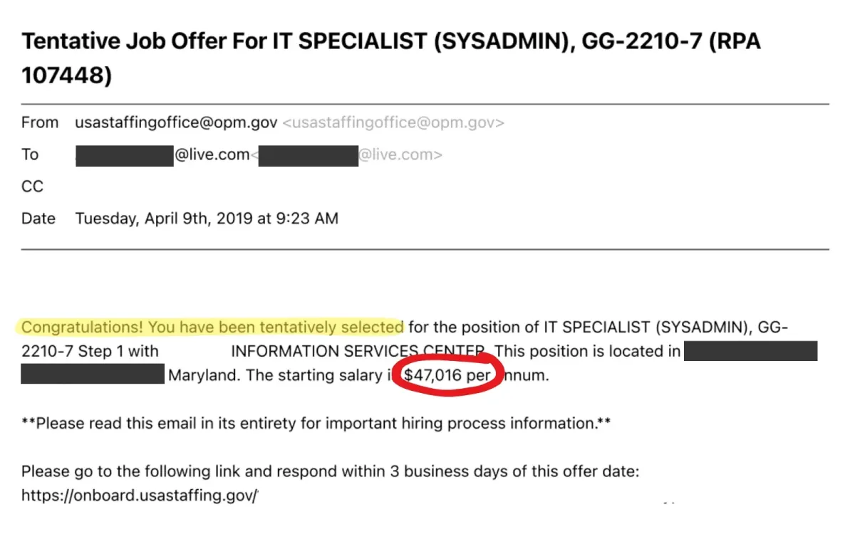 Tentative federal job offer email for IT Specialist GS-2210-7 Step 1 with $47,016 salary in Maryland