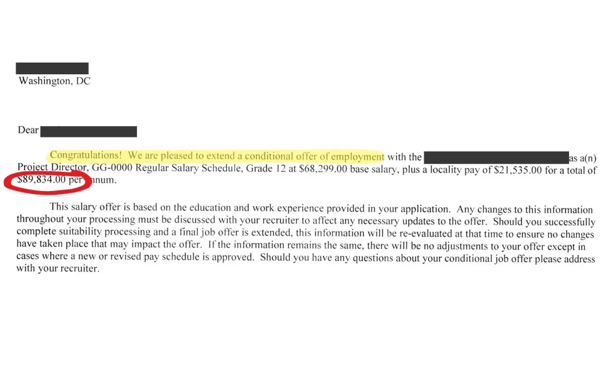 Example federal job offer for IT Specialist GS-2210 position showing salary and hiring process for government jobs