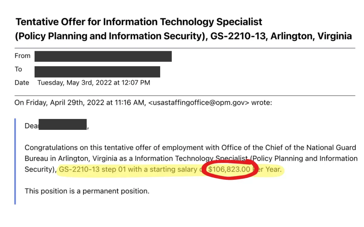 GS-13 Information Technology Specialist offer letter showing $106,823 federal government salary