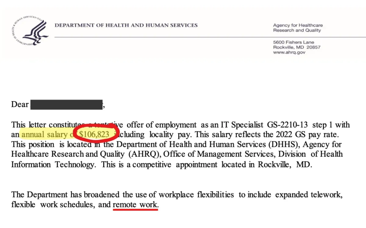 IT Specialist job offer letter from Department of Health and Human Services showing salary and remote work eligibility