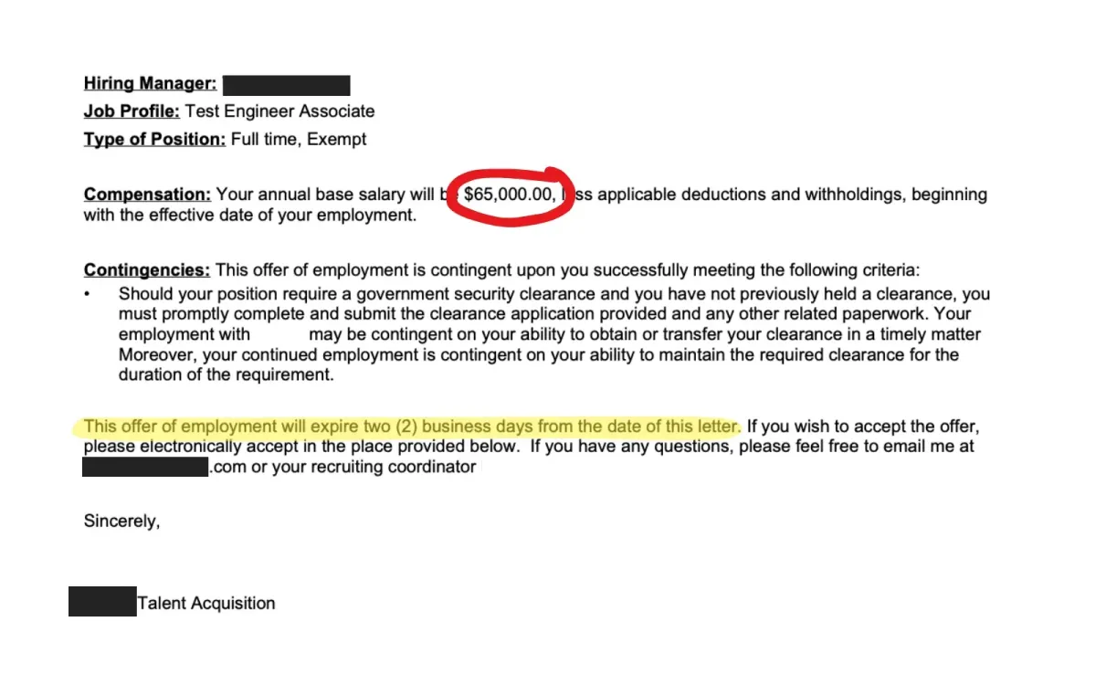 rivate sector defense contractor job offer email for a tech position showing a competitive salary of $65,000