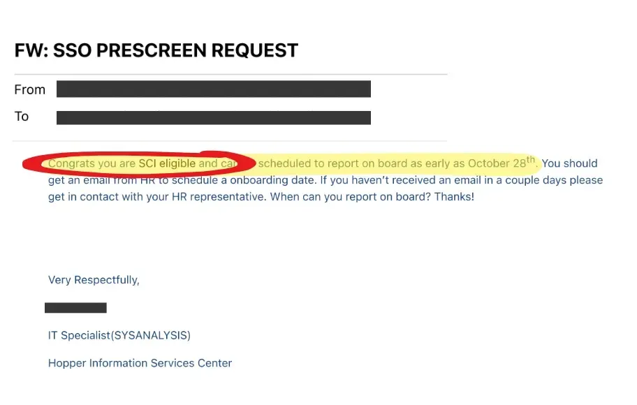 Email from an employer showing a job candidate has been granted his Top Secret SCI security clearance. 
