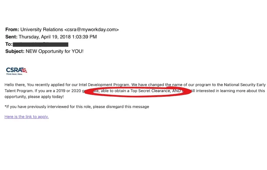 Email screenshot from a defense contractor showing the candidate as applied to a program that sponsors for a Top Secret clearance and they are interested in speaking with him.