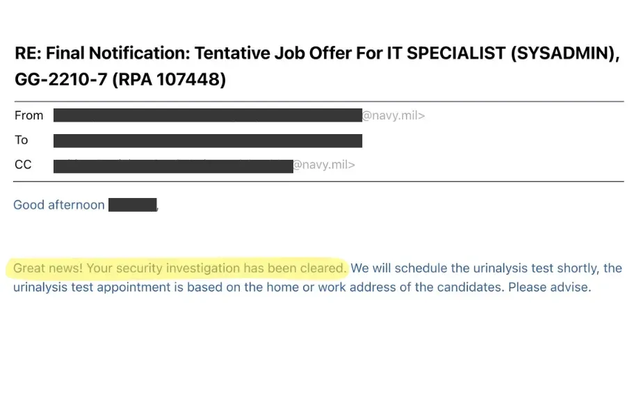 Tentative federal job offer for IT Specialist showing his security clearance has been granted.