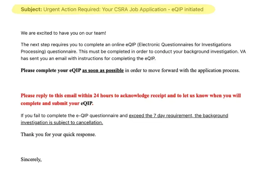 Private sector defense contractor email about a tech position showing that the candidate's eQIP security clearance investigation has been initiated.