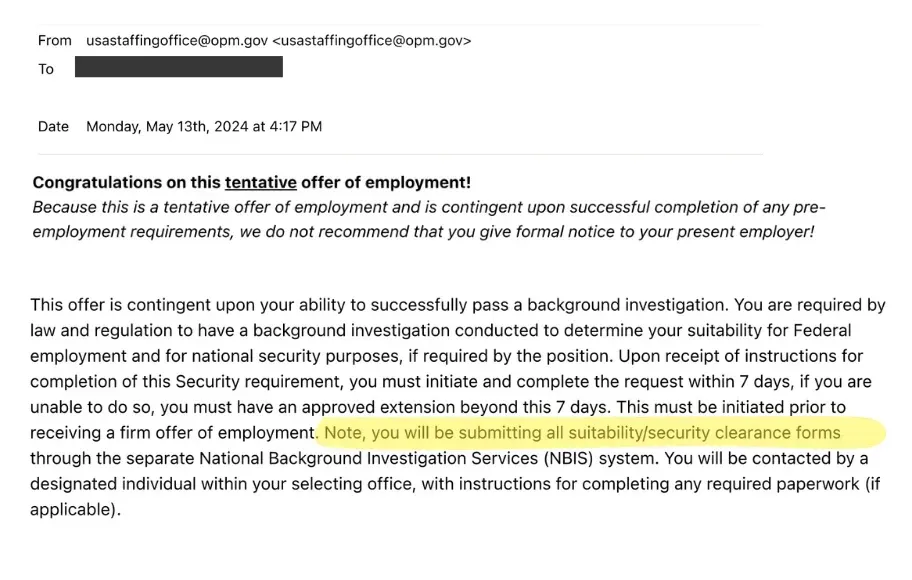 Federal job offer letter for IT Specialist position showing the candidate needs to submit his security clearance paperwork. 