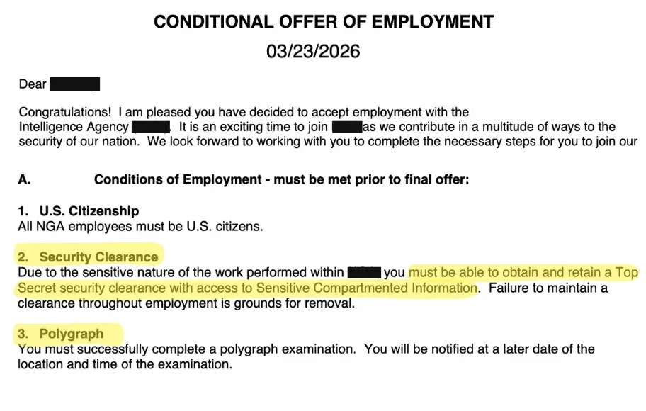 Conditional job offer showing candidate sponsored for a Top Secret security clearance and polygraph.