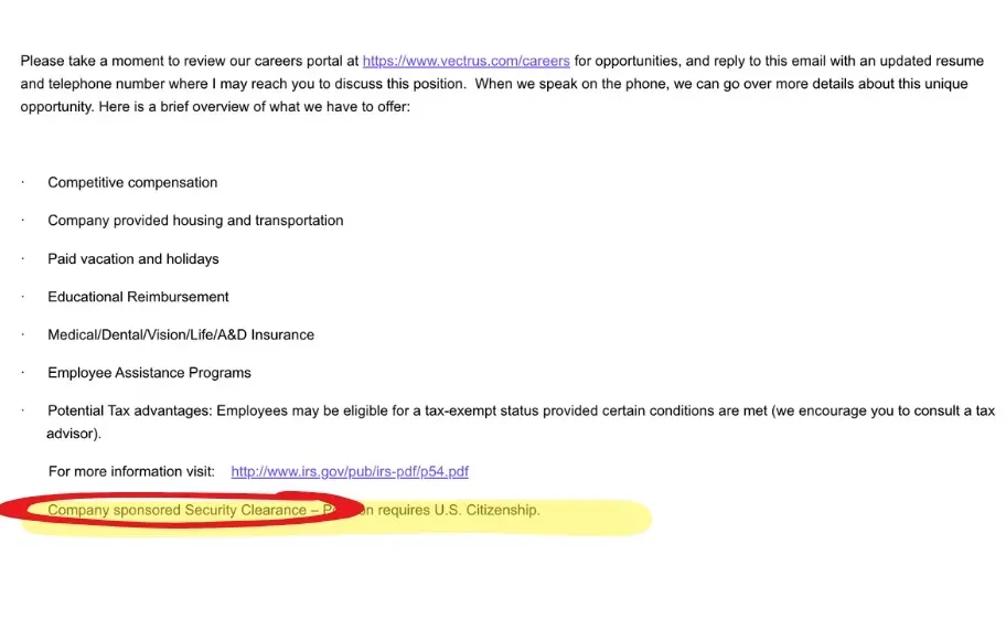 Screenshot from a defense contractor asking a candidate to interview for a job where they sponsor for a Top Secret clearance.