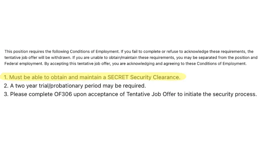 Screenshot of an email from a job candidate where the company is willing to sponsor for a Secret clearance. 