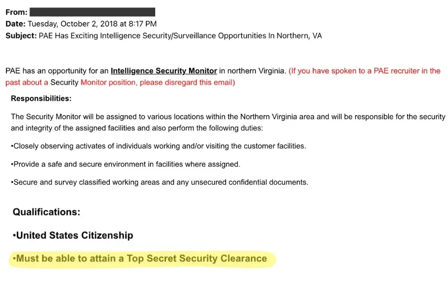 Email from a defense contractor reaching out to a candidate to interview him for a job that sponsors a security clearance. 