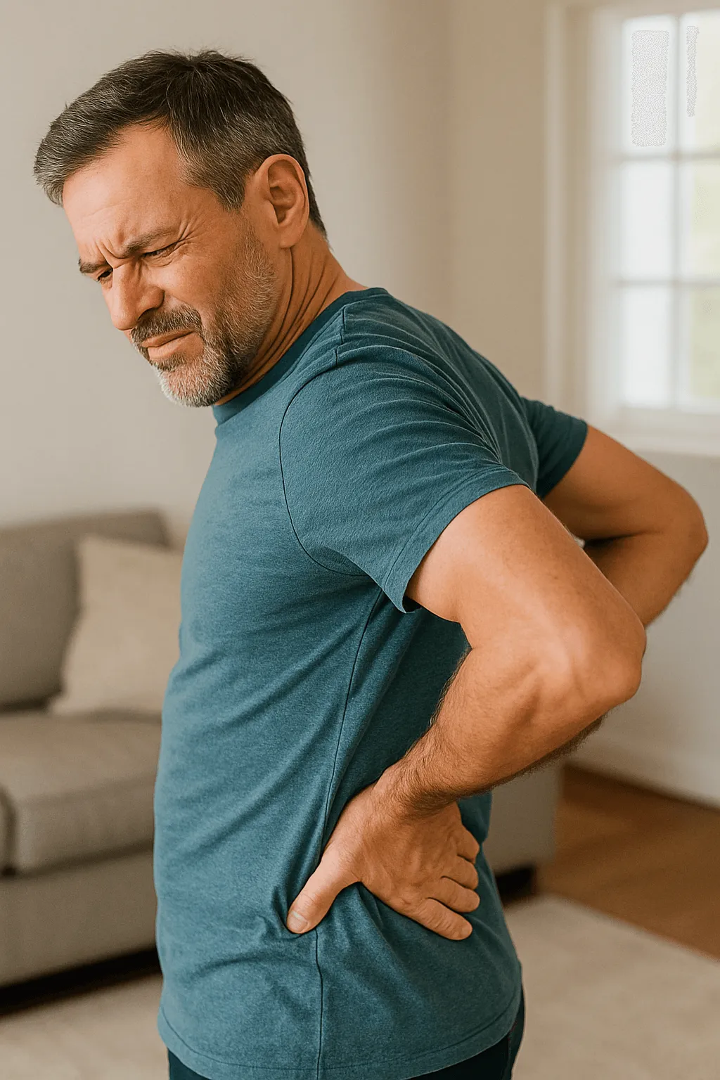 Man clutching lower back in pain, seeking chiropractic care in Concord, NC