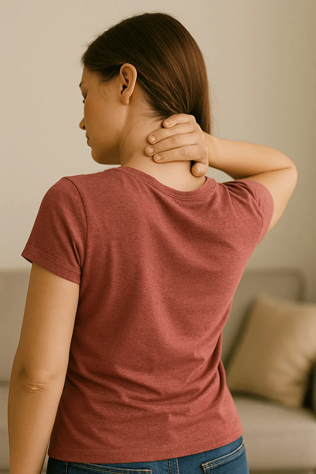Woman rubbing the back of her neck in discomfort, needing chiropractic care in Concord, NC