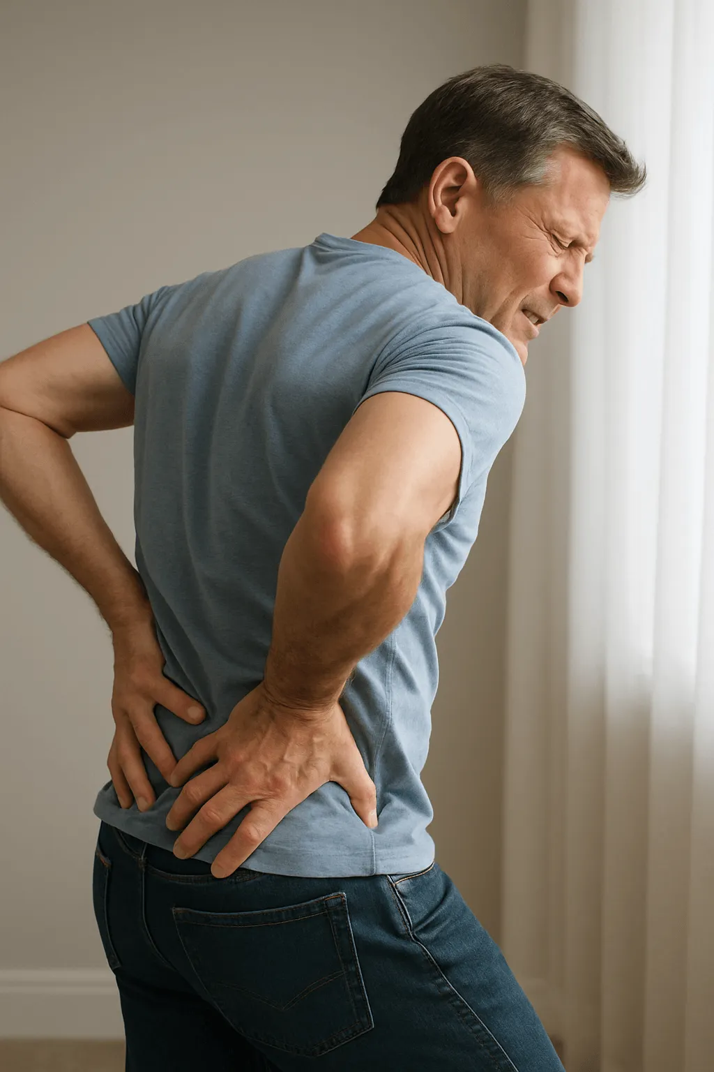 Man standing with hands on lower back and hip in pain from sciatica, looking for chiropractic treatment in Concord, NC
